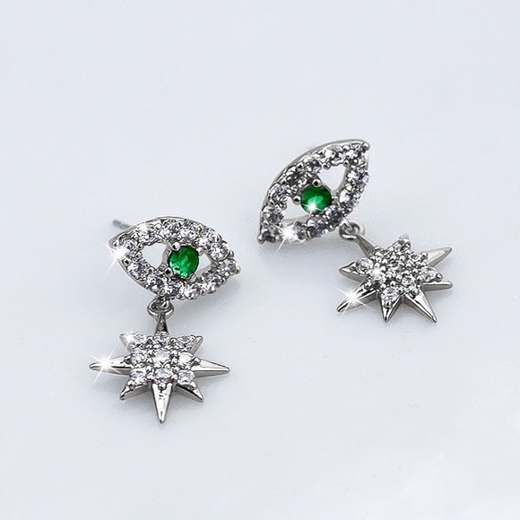 Any 2/$20! Silver Crystal Green Eye/Star Earrings - Picture 2 of 5